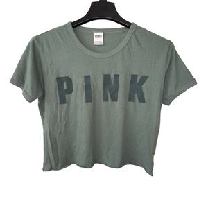 PINK Victoria’s Secret Crop Top Short Sleeve Tee Shirt Velour Spell Out Large